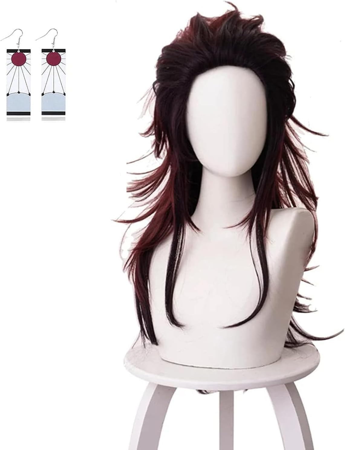 Adecors Demon Slayer Tanjiro Cosplay Wig Female Long Kimetsu No Yaiba Wig with Earrings Markings for Anime Cosplay, rose