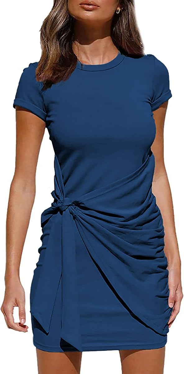 BTFBM Women 2026 Summer Casual Short Sleeve Ruched Bodycon Tank T Shirt Dress Tie Waist Sun Beach Spring Mini Dresses