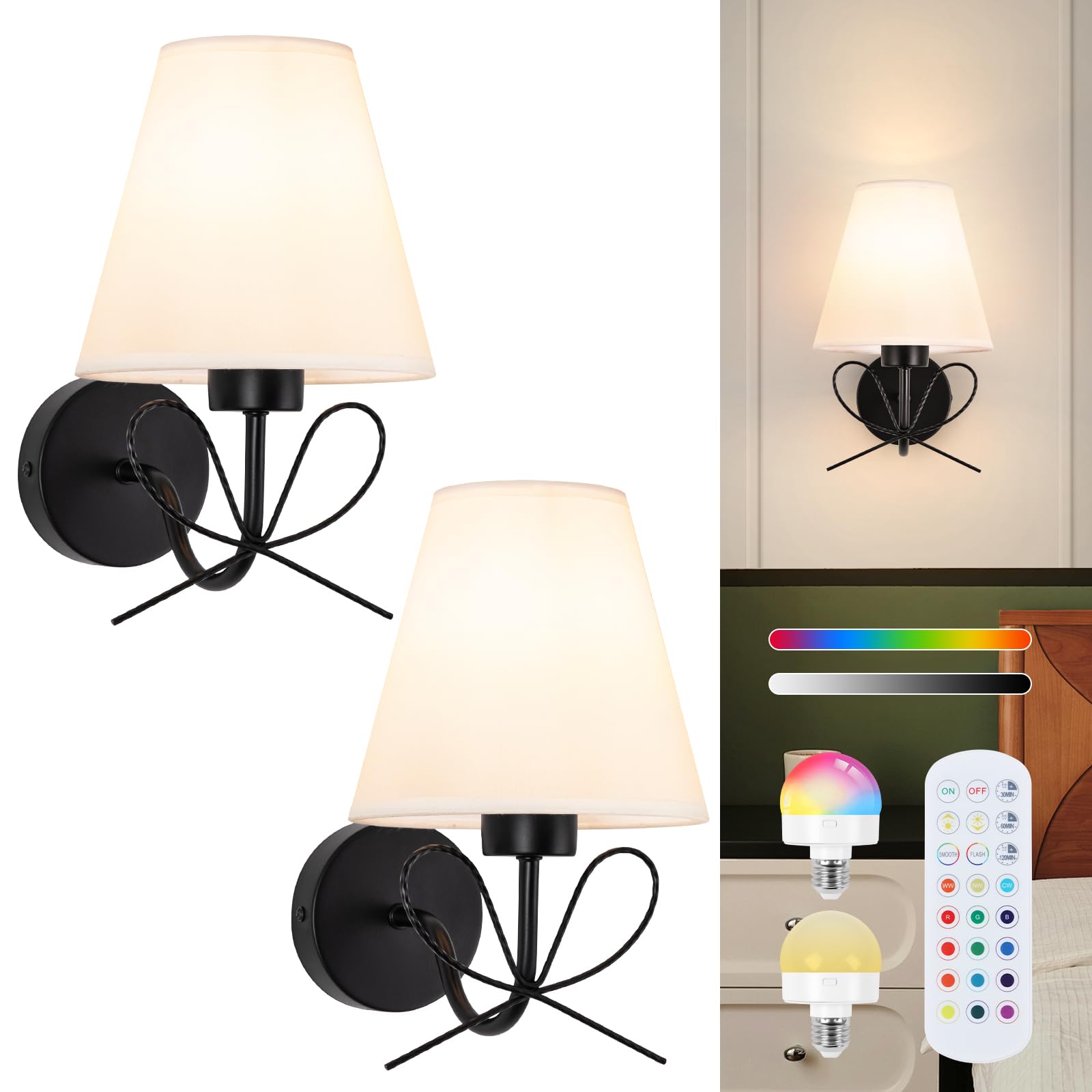 ADISUN Modern Wall Sconce Set of Two, Battery Operated Wall Sconce Remote Control Dimmable Wall Lamp Wireless Sconces for Living Room Bathroom Dining Room Corridor Staircase (2 Bulbs Included)