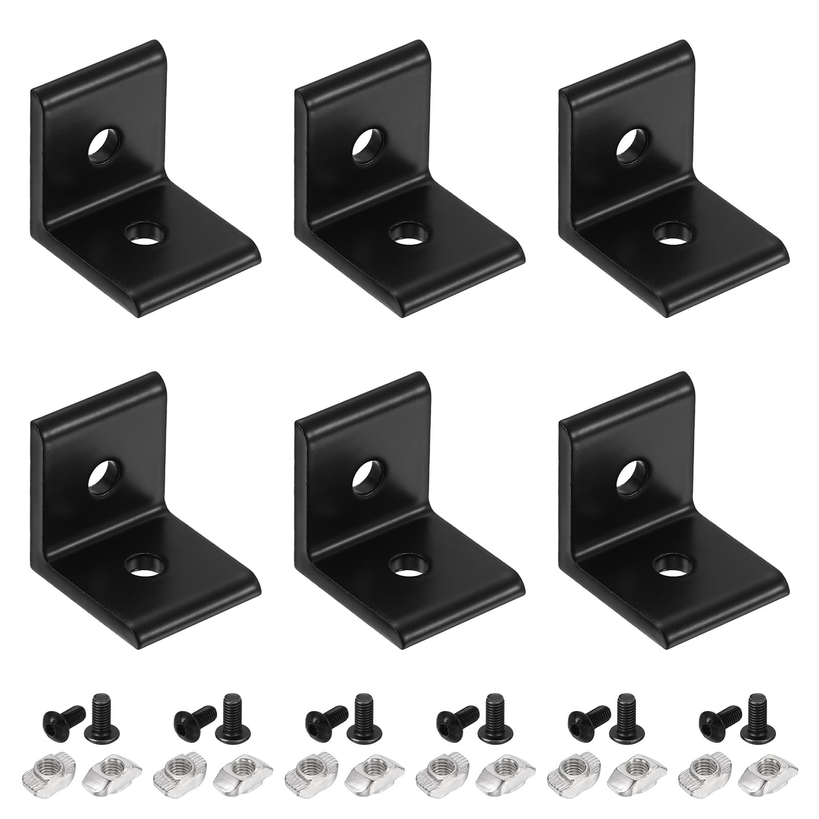 sourcing map 6Pcs 2 Hole Inside Corner Bracket, L Bracket Connector for 1515A Aluminum Extrusion Profile 6.2mm T-Slot with Nuts Screws for Furniture, Framing Structures, Black