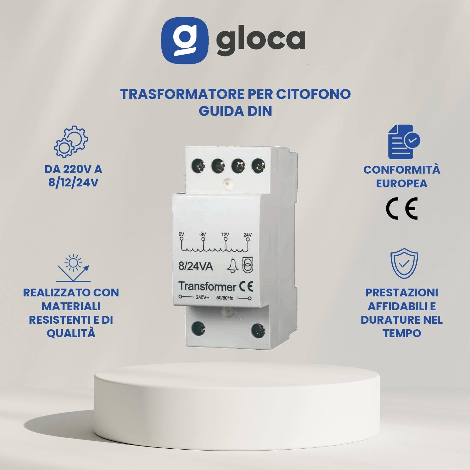 gloca Trasformatore Per Citofono Da 220V A 8/12/24V Per Guida Din Standard – Input 220-240V
