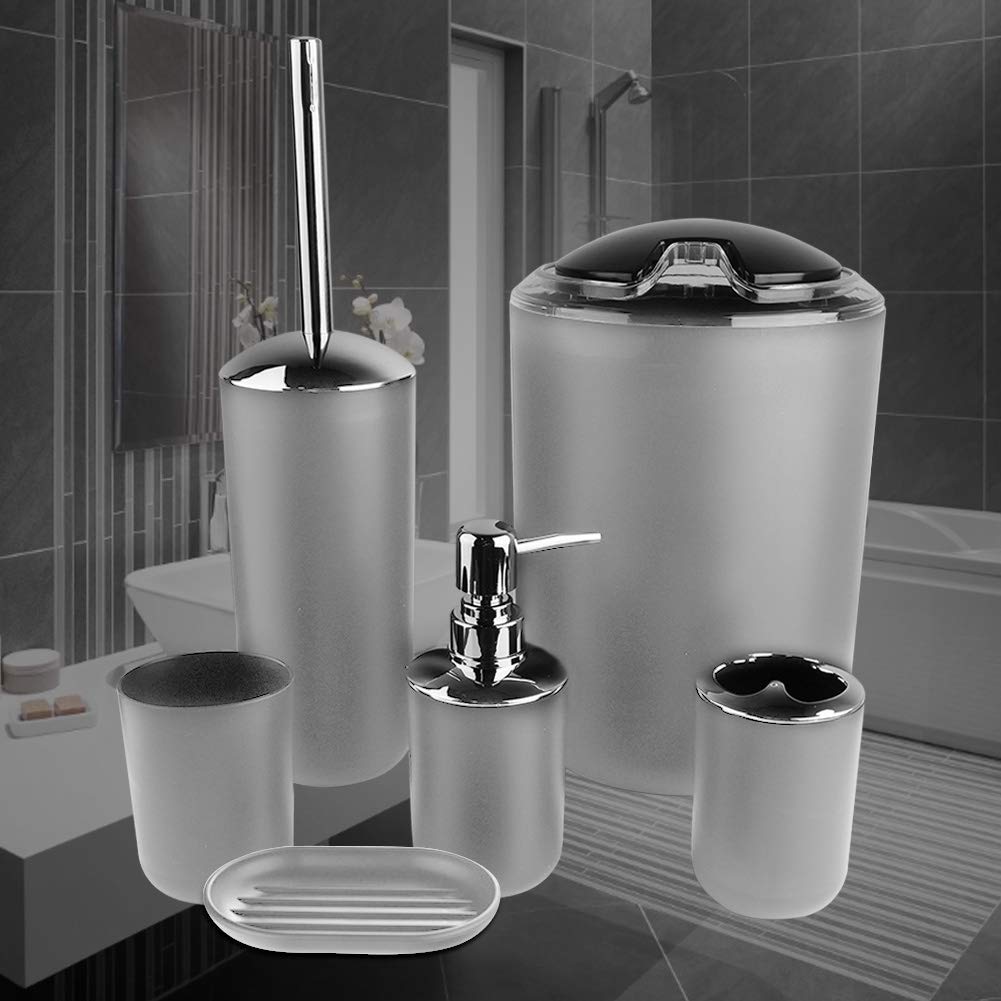Juego de accesorios de baño, 6 unidades: dispensador de jabón, jabonera, soporte para cepillos de dientes, taza de enjuague, portaescobilla, cubo de basura, (gris)