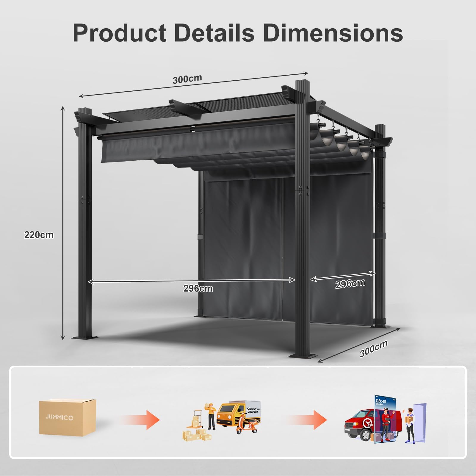 JUMMICO Aluminium Pergola Pavillon 3x3m wasserdicht stabil Winterfest, Gartenpavillon mit Schiebedach & Seitenwand, Sonnenschutz für Garten Terrasse & Balkon, schützt vor Sonne, Regen, langlebig, Grau