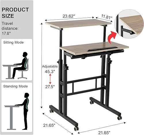 Miniatura 11 de Hadulcet Escritorio móvil de pie con estación de carga, escritorio ajustable para computadora de pie, carrito ajustable para laptop con ruedas para