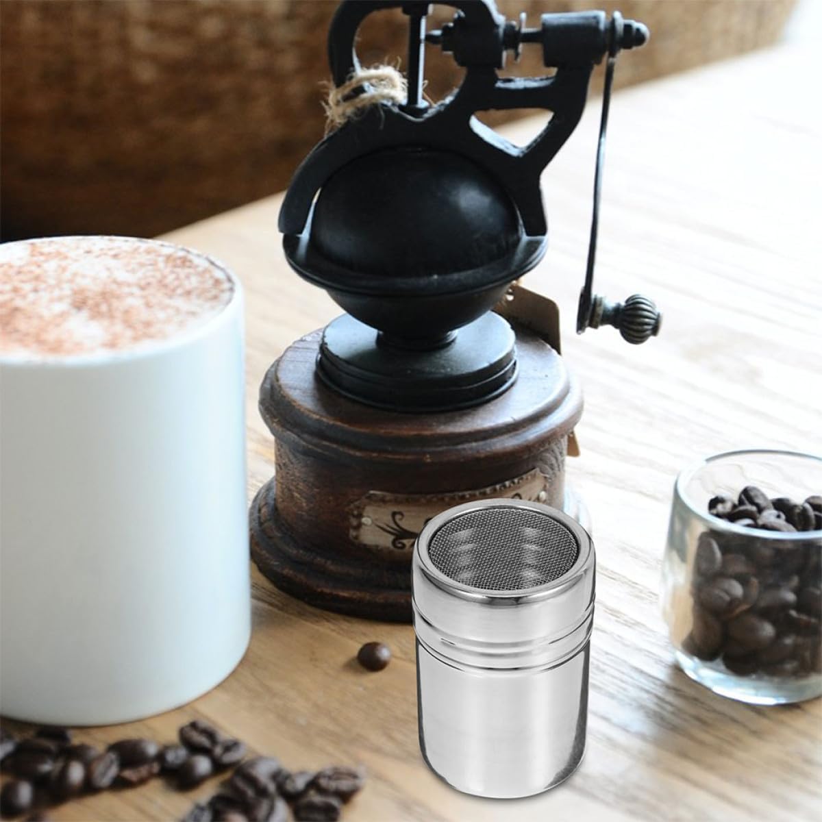 TIDTALEO Stainless Steel Powder Shaker with Lid, Large 6.5X11Cm Coffee Powder Dispenser, Fine Mesh Sugar Duster for Cappuccino, Cinnamon, Cocoa, and Baking Use