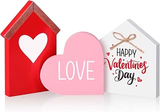 Marsui 3 Pcs Valentine's Day Table Sign House Shaped Wooden Tiered Tray Sign Heart Wooden Table Decor Valentine Tabletop Wood Centerpiece for Home Office Mantel Shelf(Red,Elegant Style)