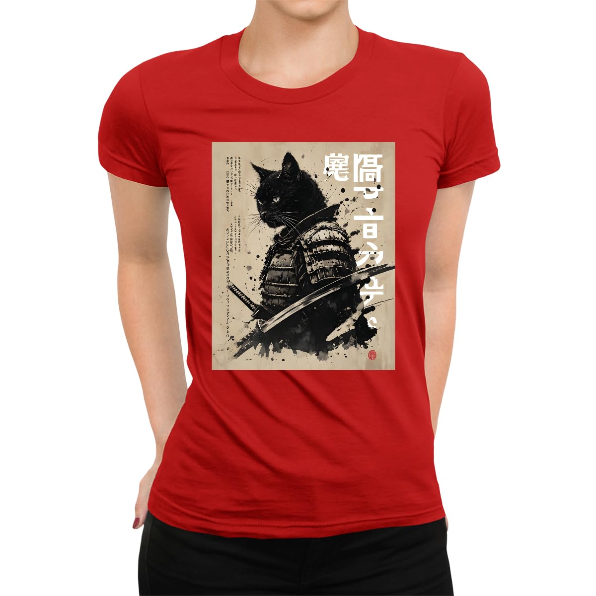 Unibly Women's Red Samurai Cat Warrior Japanese Ukiyo-E Artwork T-Shirt, 3XL
