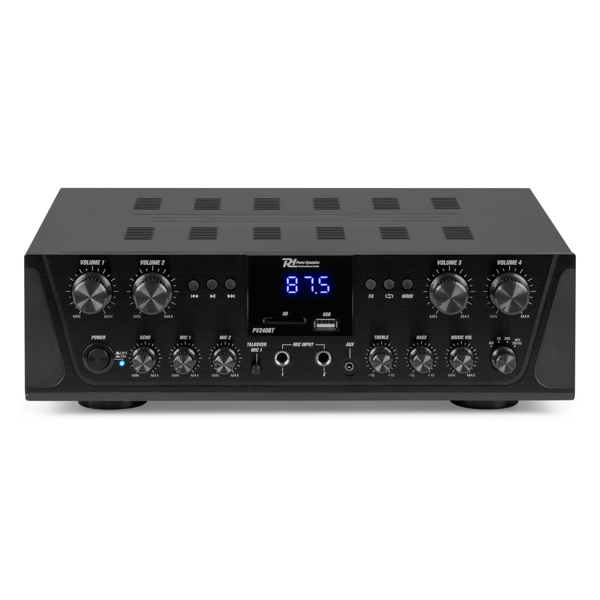 Power Dynamics 4-Zonen Verstärker mit Bluetooth & 8x Outdoor Lautsprecher Boxen – 400W Hifi Set mit 100m Kabel, USB/Radio – Wasserdichtes Soundsystem, 4 Kanal Endstufe für Gastronomie, Zuhause Schwarz
