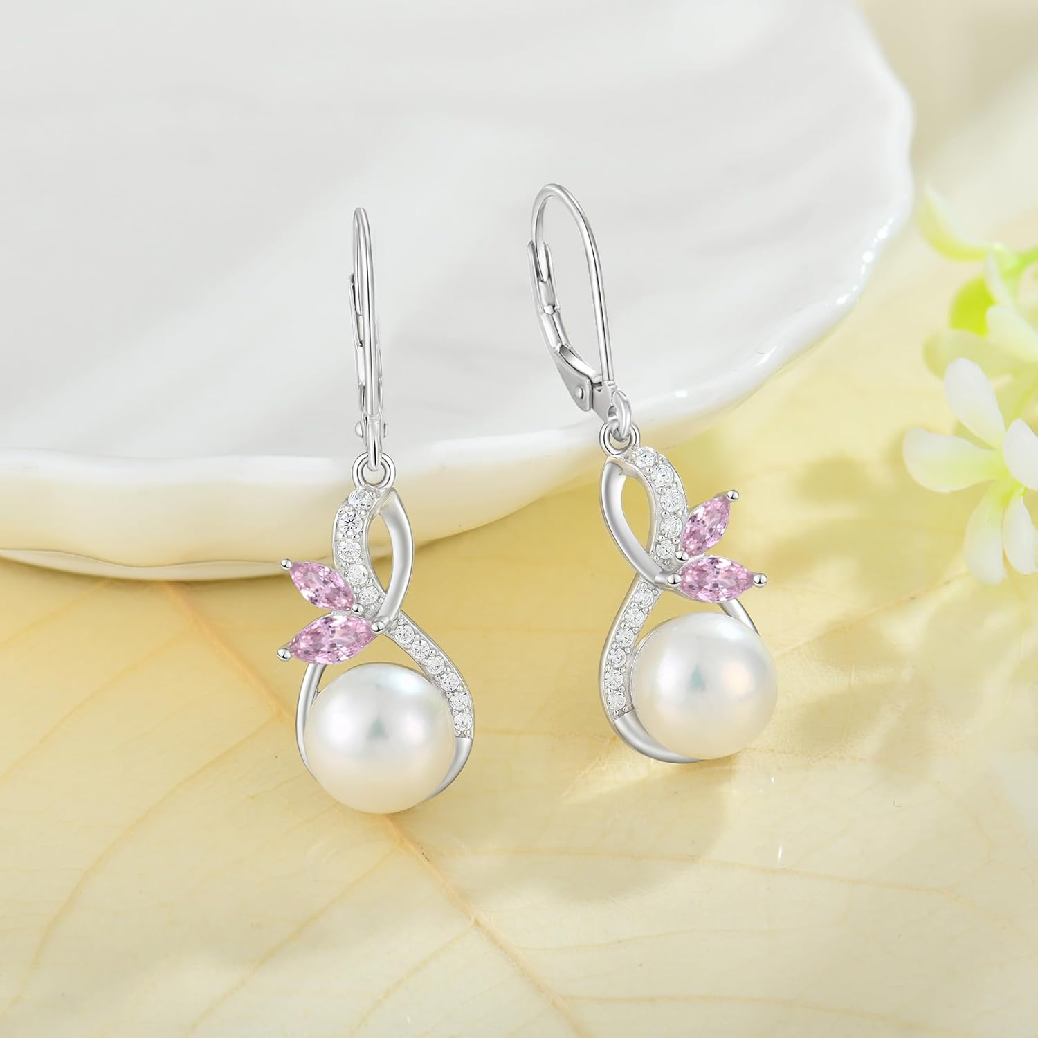 Pearl Earrings 925 Sterling Silver Infinity Butterfly Dangle & Drop Earrings for Women Leverback Earring with 10mm Freshwater Cultured Pearls Jewelry - Image 2