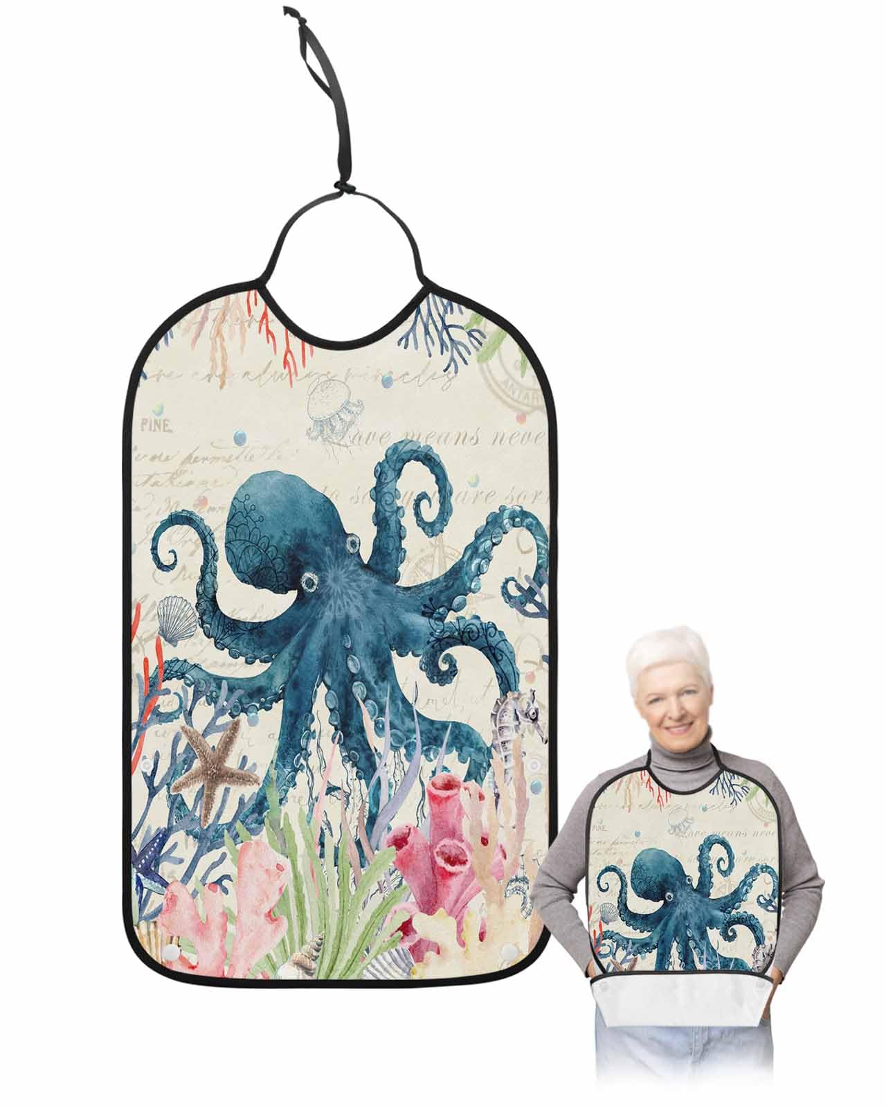 Jolunifun Octopus Adult Bib for Adults Men, Women, Beach Coastal Ocean Coastal Watercolor Washable & Adjustable Terry Cloth Bib with Crumb Catcher Reusable Waterproof Clothing Clothes Protector Apron