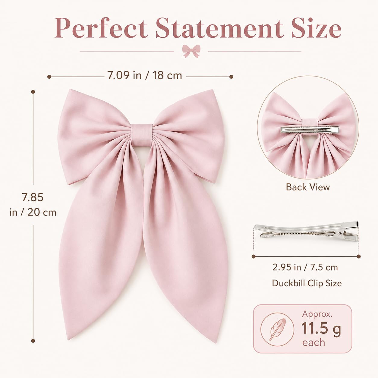 Danyarts 2Pcs Large Hair Bows for Girls, 7.1" Cream Pink Ponytail Bow Clips with Duckbill Alligator Clips, Solid Big Bow Barrettes for Toddlers Kids Teens Women, Balletcore Hair Accessories
