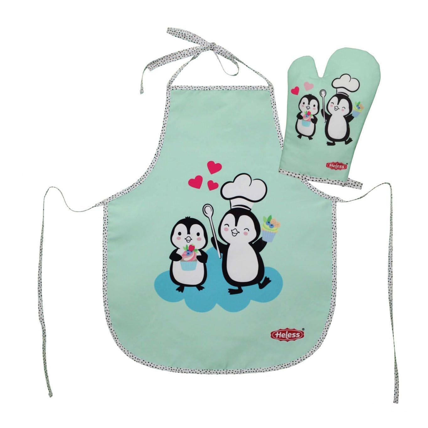 Heless 223 Oven Glove and Cooking Apron for Children in Penguin Polka Dot Design, Washable, Accessories for Cooking and Baking
