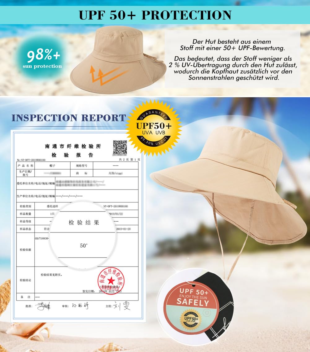 TOP-EX XL/XXL, cappello da sole da donna, in cotone, UPF 50+, protezione solare, cappello estivo con protezione per il collo, per donna, tesa larga, cappello da giardino pieghevole