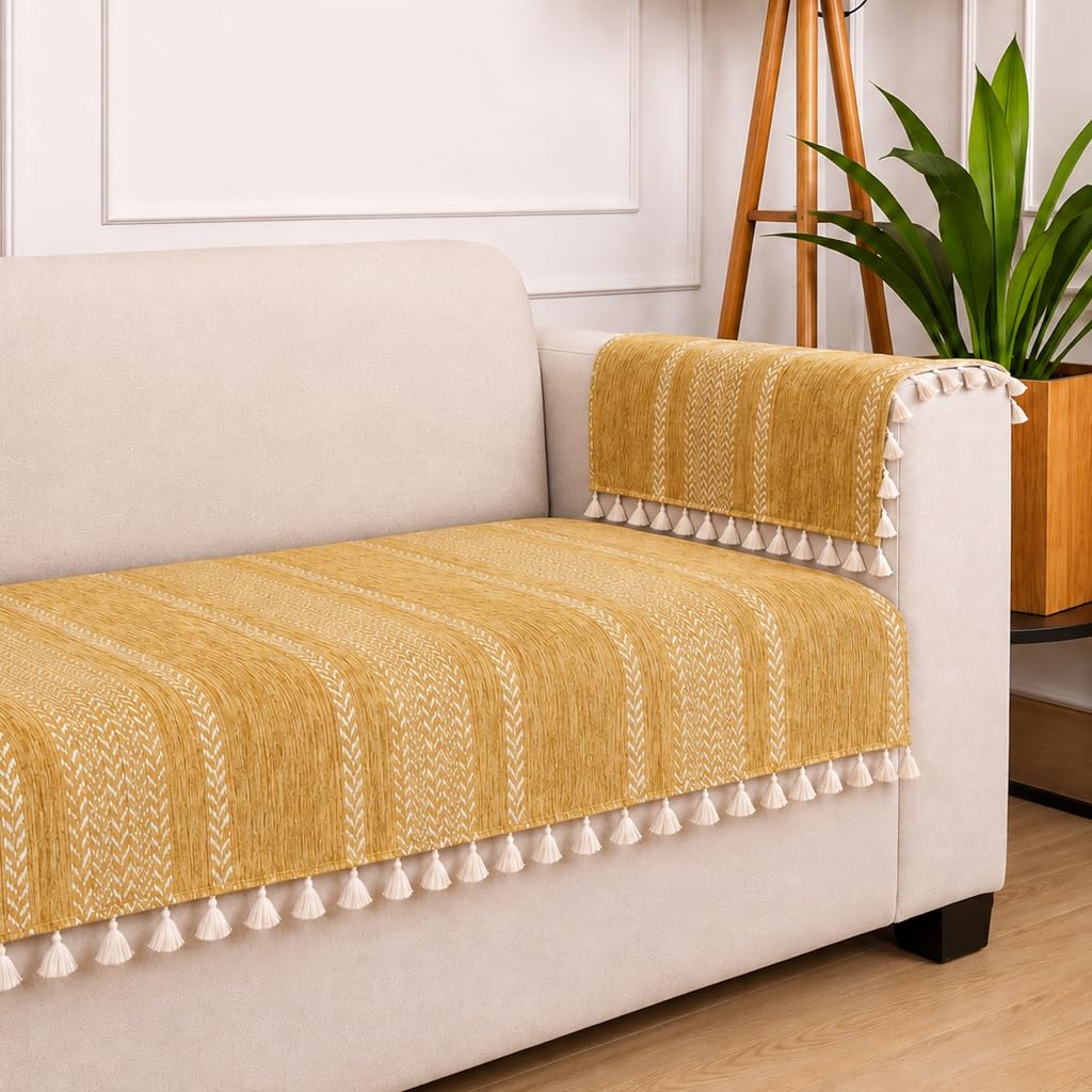STITCHNEST Chenille Printed Sofa Cover 2 Seater with Hand Rest Covers – Washable Mustard Sofa Cover with Tassels – Durable Premium Fabric – Stylish Sofa Protector for Living Room & Furniture Decor