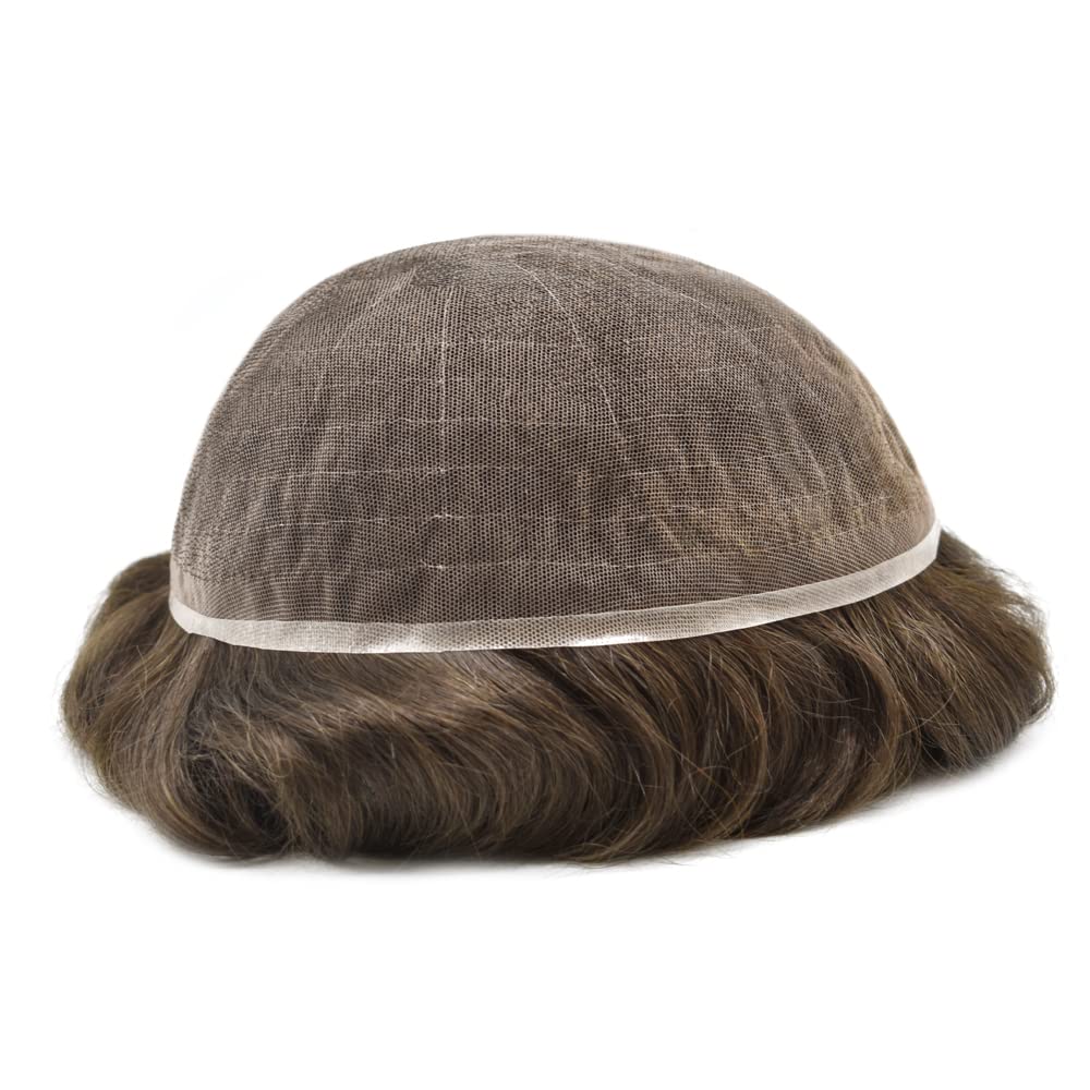Full Swiss Lace Men's Toupee Human Hair Replacement System Full Lace Men's Hairpiece Toupee for Men Hair System Bleached Knot Natural Hairline 8X10 3# DARK BROWN 90% light density