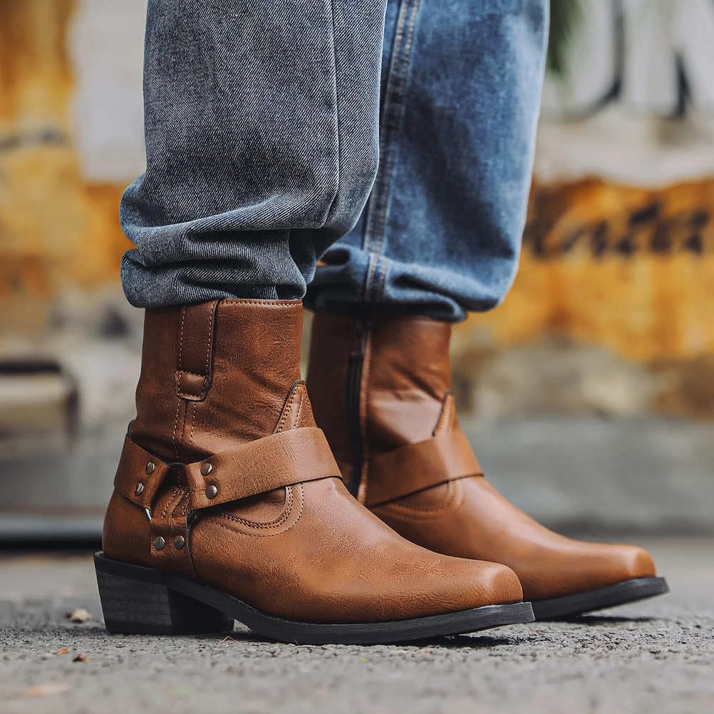 Herren Cowboystiefel Mit Reißverschluss An Der Seite Westernstiefel Square Toe Land Arbeit Motorradstiefel