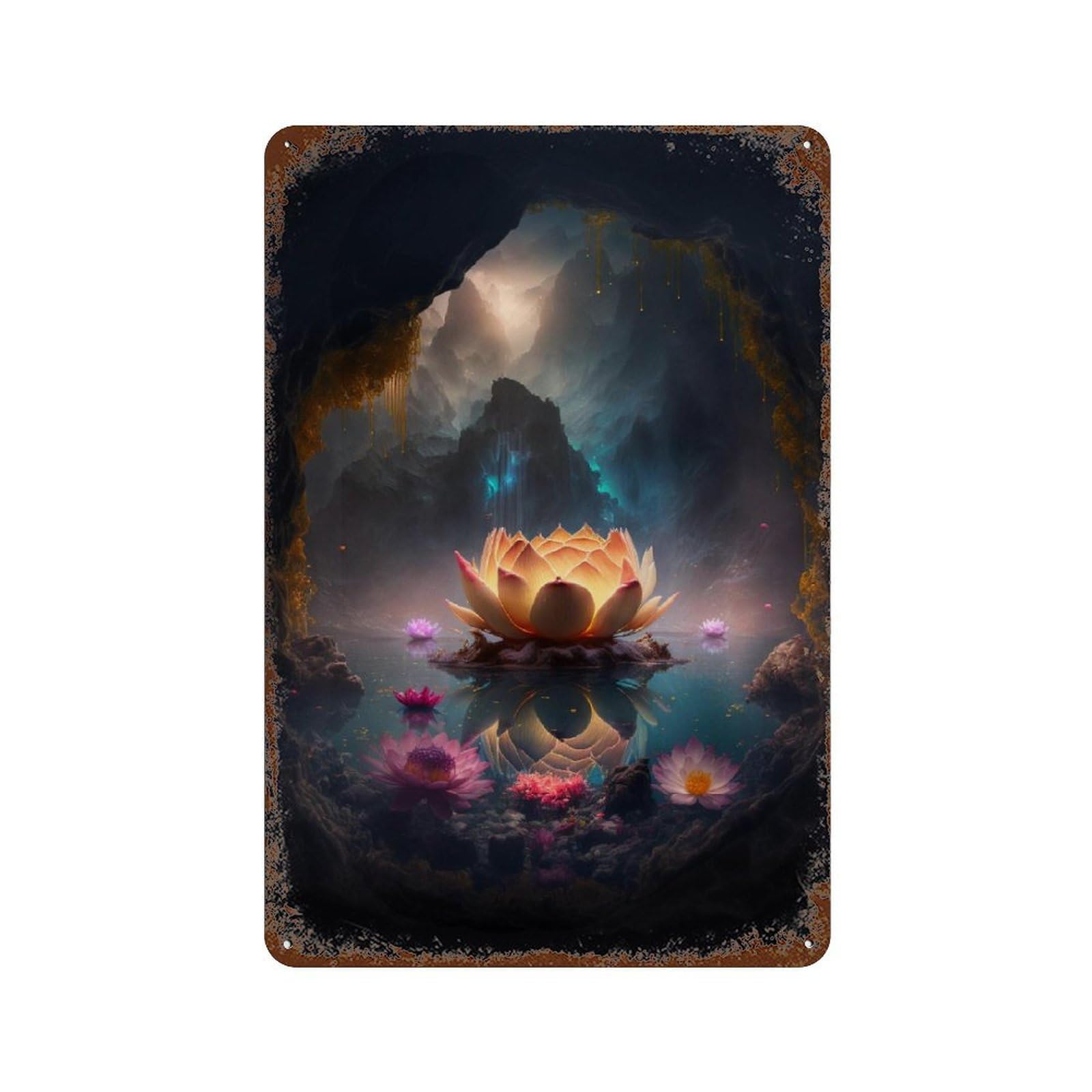 Rust Effect Enchanted Lotus Pond Landscape Rustic Tin Plaque 11.8"x7.9", Classic Wall Plaque for Shed, Workshop And Garage Wall Decor
