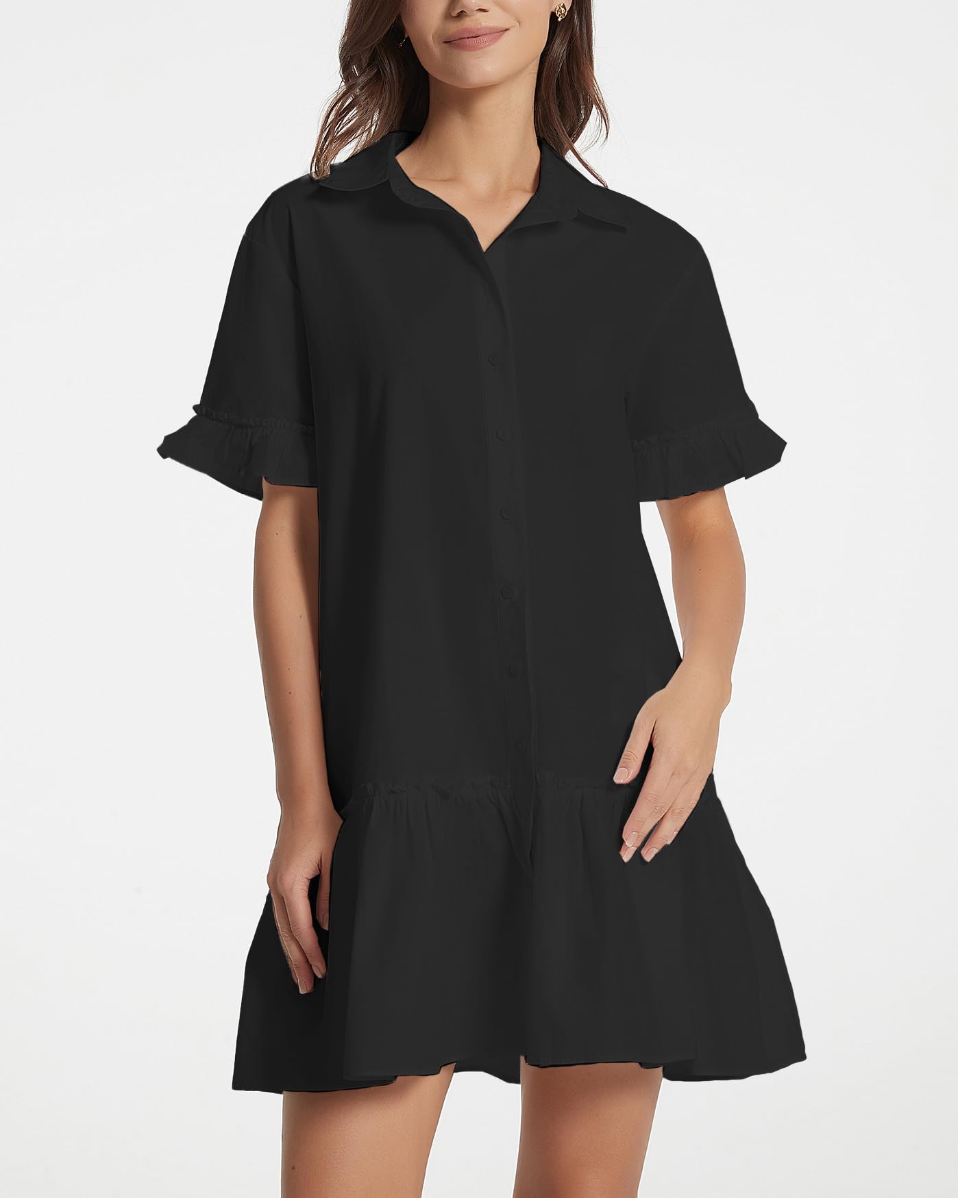 YEXPINE Vestido Camisero Corto con Volantes para Mujer, Vestido de Manga Corta con Botones, Vestido de algodón con Cintura caída, Negro -, Large