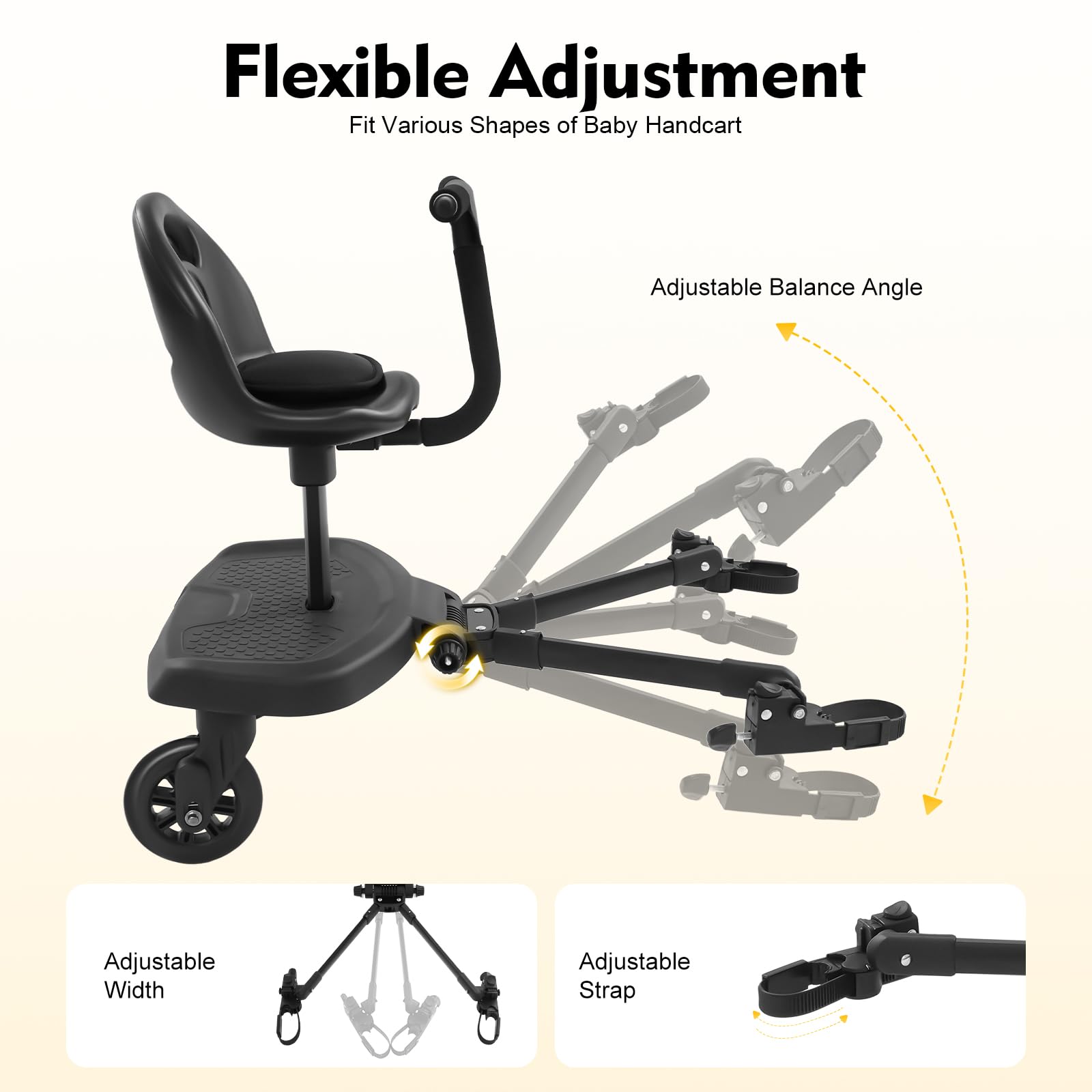 Pedana universale per passeggino, con sedile 2 in 1, portata 50 kg, per passeggino 2-6 anni, ruote girevoli a 360° con sospensioni, superficie antiscivolo