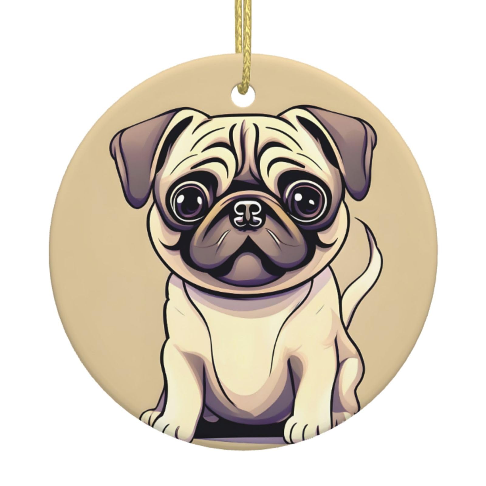Funny Cartoon Pug Puppy Dogs Print Christmas Ornaments, Ceramic Hanging Ornament, Round Shape Decorations