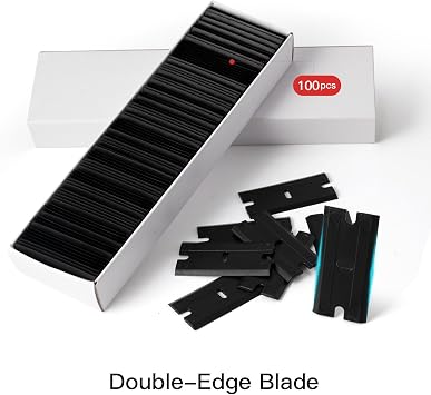 NEWISHTOOL 2 Pcs Long Handle Plastic Razor Blade Scraper With 100 PCS Spare Replacement Blades, Sticker Remover Glue Residue Tool for Hard to Reach Corner