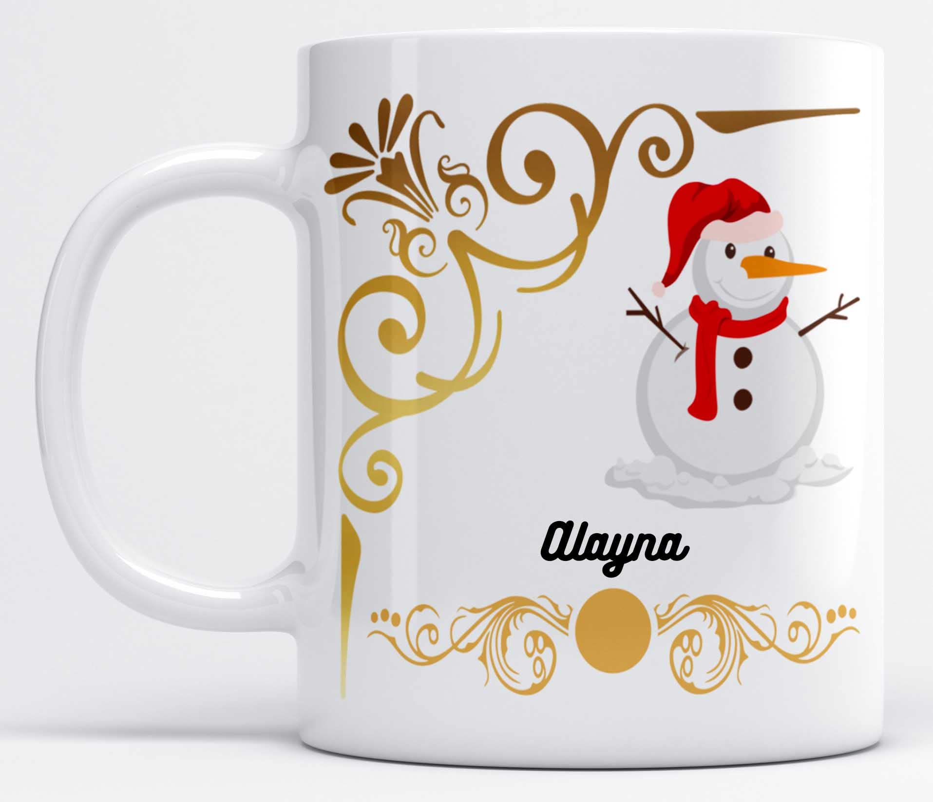 LOROFY Name Alayna Printed Snowman Design White Ceramic Coffee Mug (350ML)