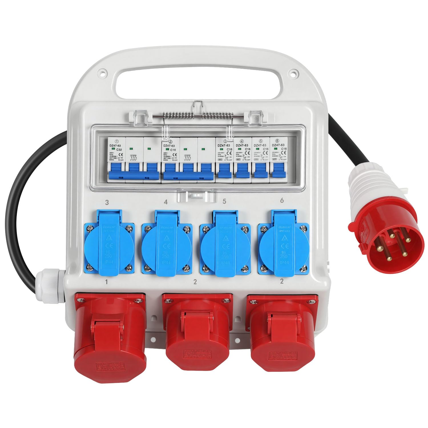 Herrselsam Distributore di corrente di costruzione, 2 x CEE 16 A 400 V + 1 x CEE 32 A 400 V + 4 x 230 V Schuko con cavo di alimentazione da 1,2 m con interruttore di protezione della linea, cantiere