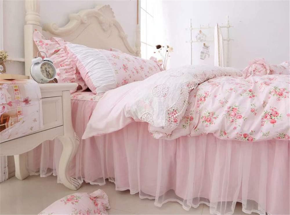 LELVA Romantic Rose Flower Print Bedding for Girls Duvet Cover Set with Bed Skirt Pink Lace Ruffle Floral Shabby Bedding Sets Full 4 Piece