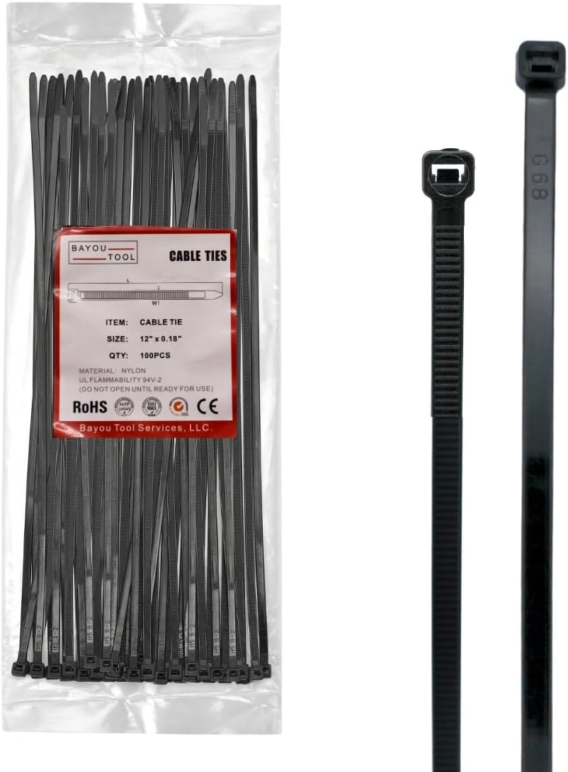 12 inch Black Nylon Zip Ties, 50lbs Tensile Strength, Multi-Purpose Self Locking Cable Ties, Heat Resistant, Erosion Controlled, Heavy Duty for Indoor and Outdoor Use (1000)