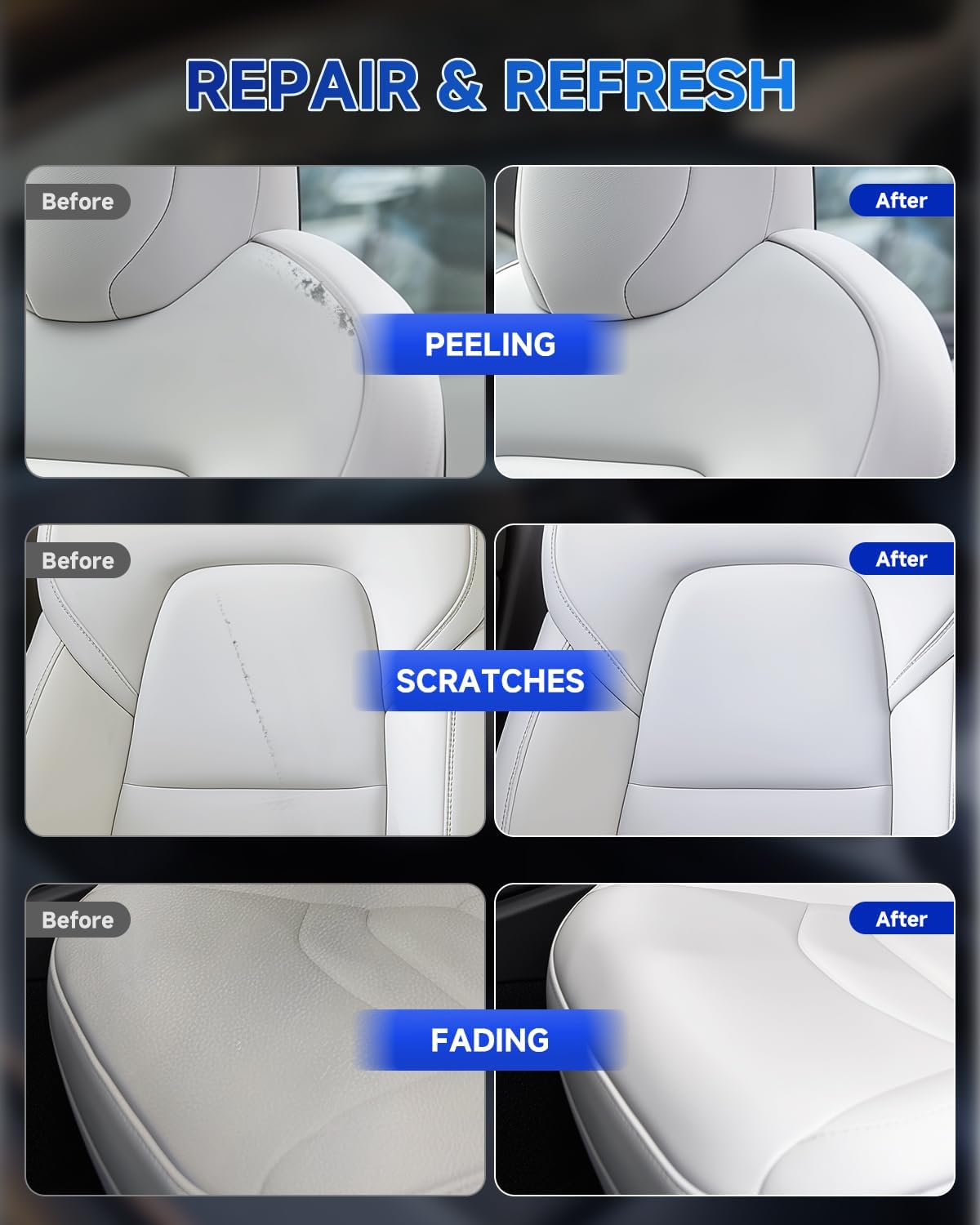for Tesla Steering Wheel Repair Kit - 8PCS Leather & Vinyl Scratch Restorer for Model 3/Y/S/X, Leather Restoration Kit DIY Fix for Tears, Scuffs, Worn Spots & Color Fading (White)