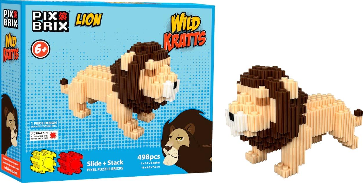 Pix Brix - Wild Kratts Toy Pixel Art Kit - Lion, 498 Pieces - Patented Slide + Stack Pixel Puzzle Building Bricks, Build & Collect Wild Kratts Animals - Stem Toys, Ages 6 Plus