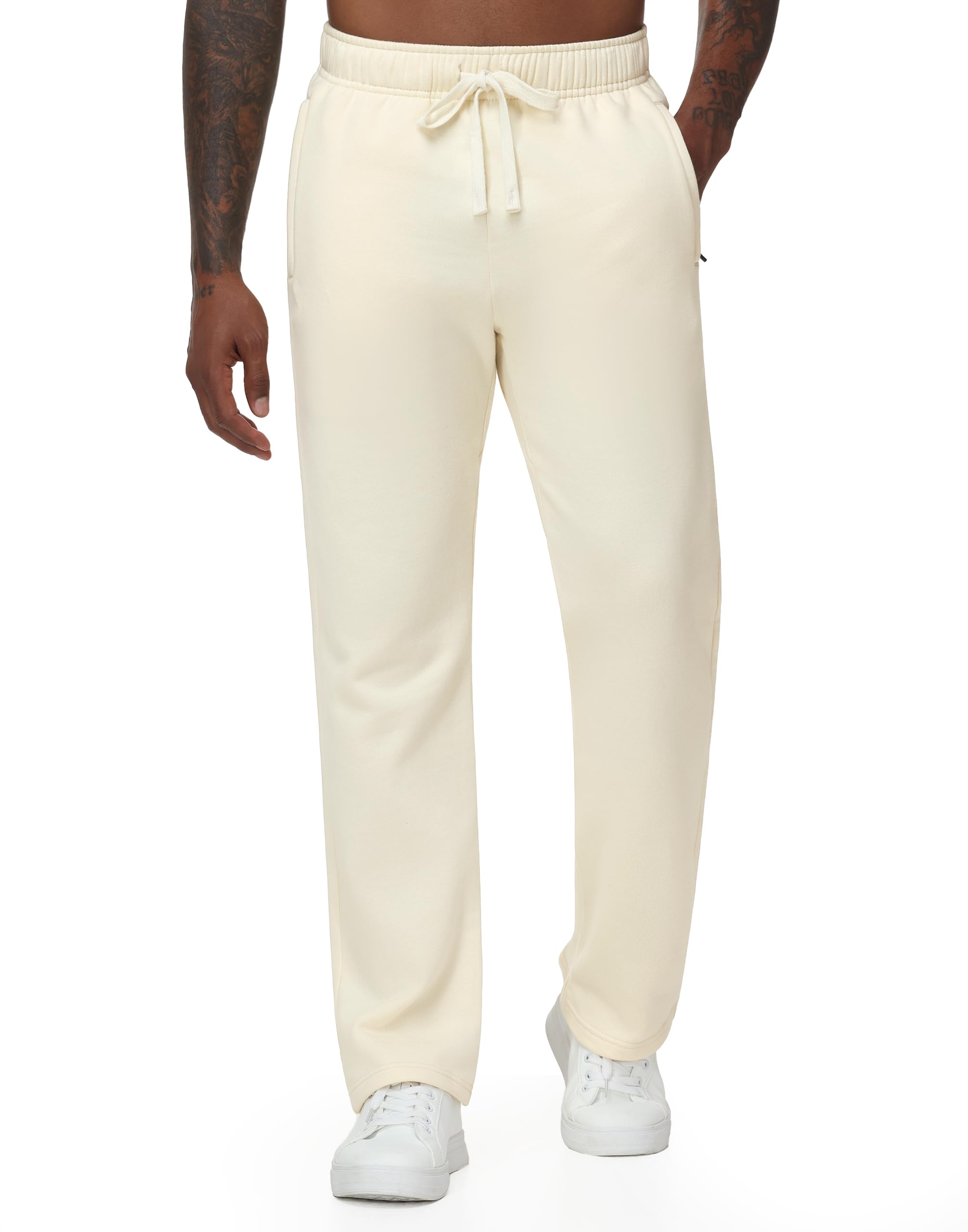 JWM Mens Fleece Open Bottom Sweatpants Straight Leg Uncuffed Cotton Athletic Running Lounge Pants with Zipper Pockets