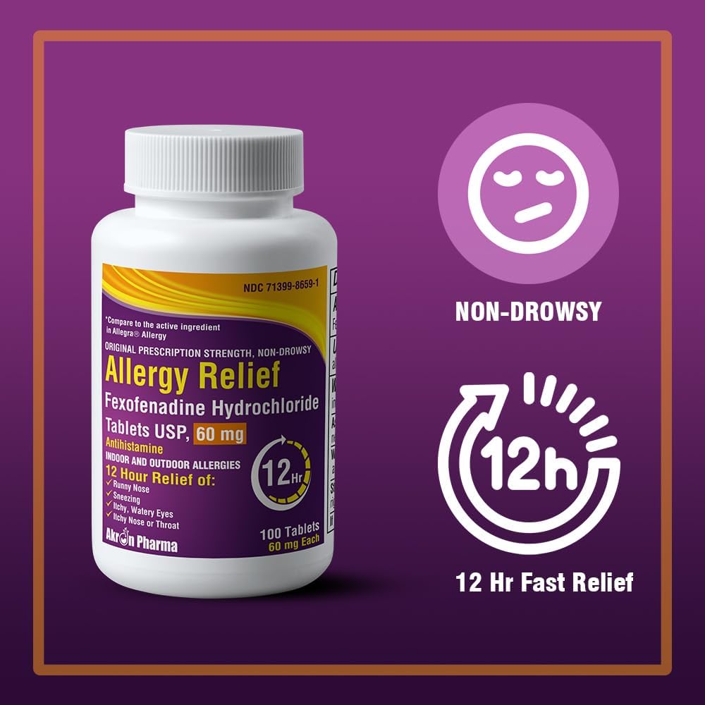 Allergy Relief, Fexofenadine Hydrochloride 60 mg, Non-Drowsy Antihistamine,Allergy Symptom Relief, 100 Tablets