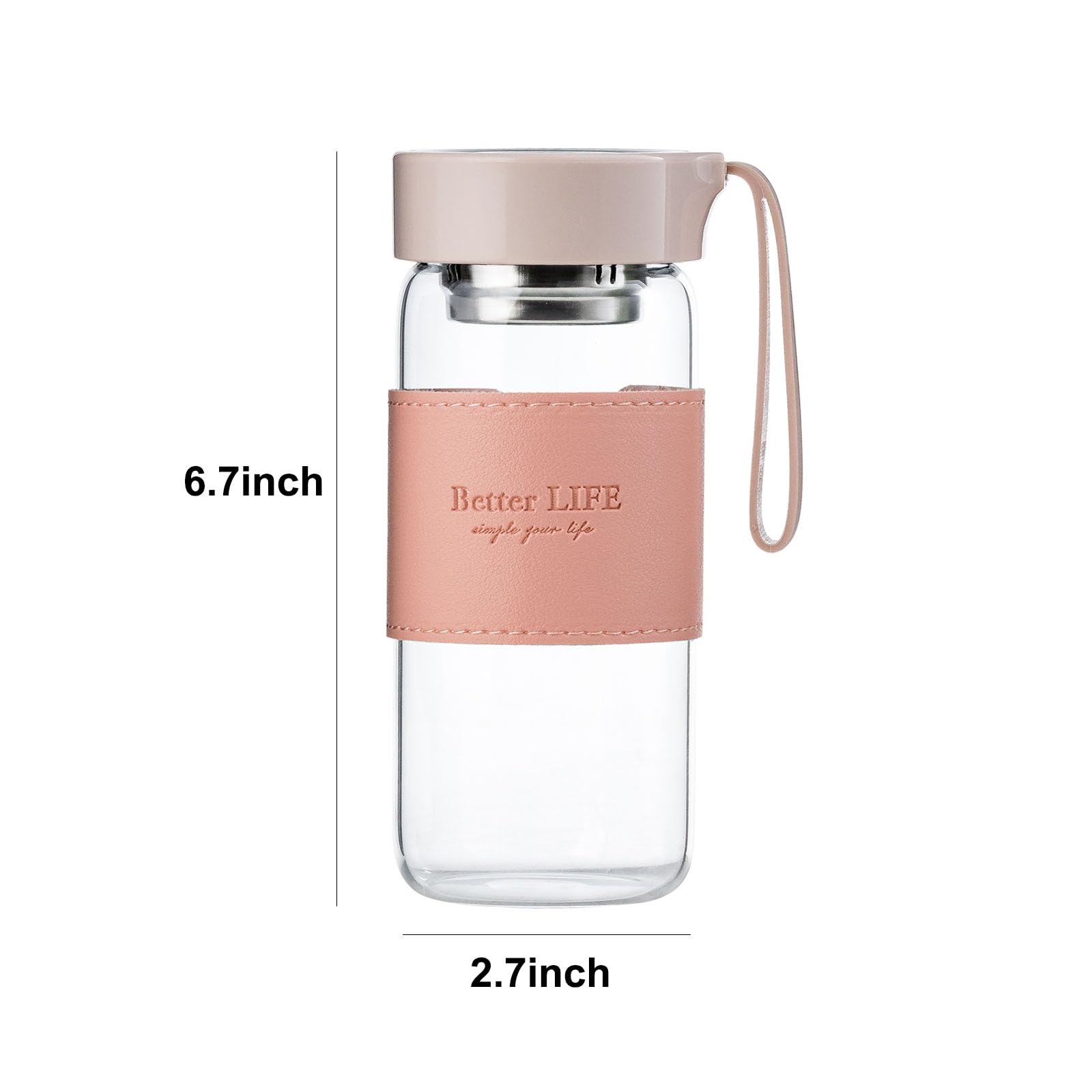DNIENKGE Glass Tea Bottle 16 oz Drinking Bottle with Non-Slip Holster, and Stainless Tea Infuser,Leak Proof Lid,Portable Glass Water Bottle for School, Office, Car & Home,as a gift, etc (Pink)