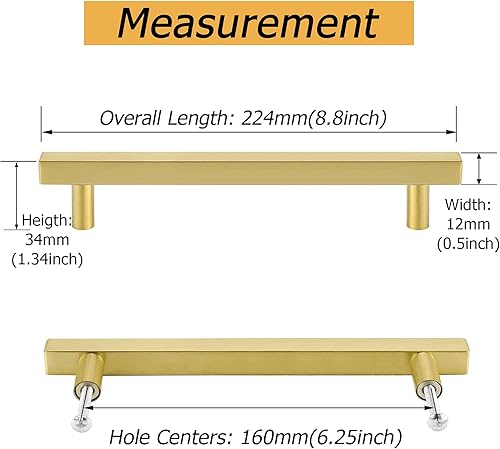 Miniatura 2 de Goldenwarm LS1212GD - Manijas para gabinetes y cajones de cocina, barra cuadrada en T, dorado, latón cepillado, 20 unidades, acero inoxidable