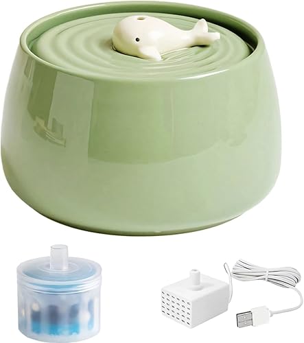 Miniatura 1 de Fuente de agua de cerámica para gatos de 45 onzas con diseño de ballena, cuenco silencioso para mascotas, sistema de doble filtración de carbón