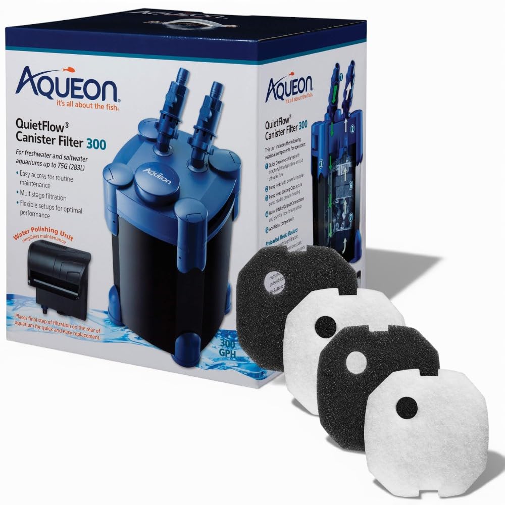 Aqueon Quietflow Canister Filter 300 Bundle | Aqueon Quietflow 300 Filter &amp; Quietflow Replacement Foam Pads 2pk and Quietflow Water Polishing Pads 2pk. Up to 75gal.