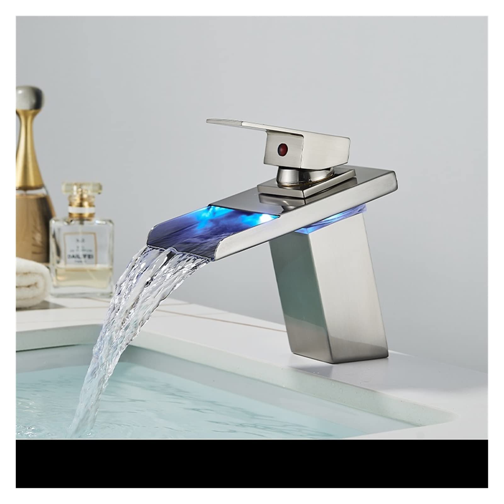 Grifo de baño, LED Grifo del fregadero baño negro mate Cambio de tres colores con la temperatura Tapas agua fría y caliente cascada(Brushed Nickel B)