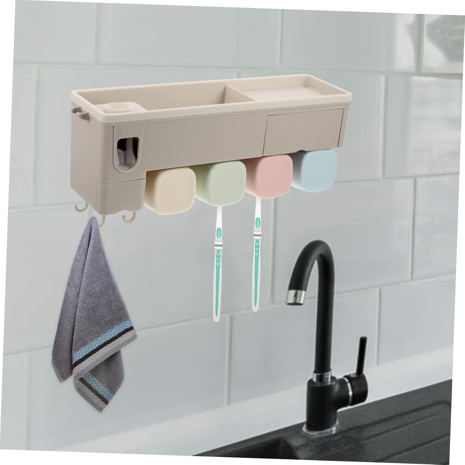 PRETYZOOM Wall-Mounted Toothpaste Squeezer Toothbrush Organizer Multi-Functional Bathroom Accessory