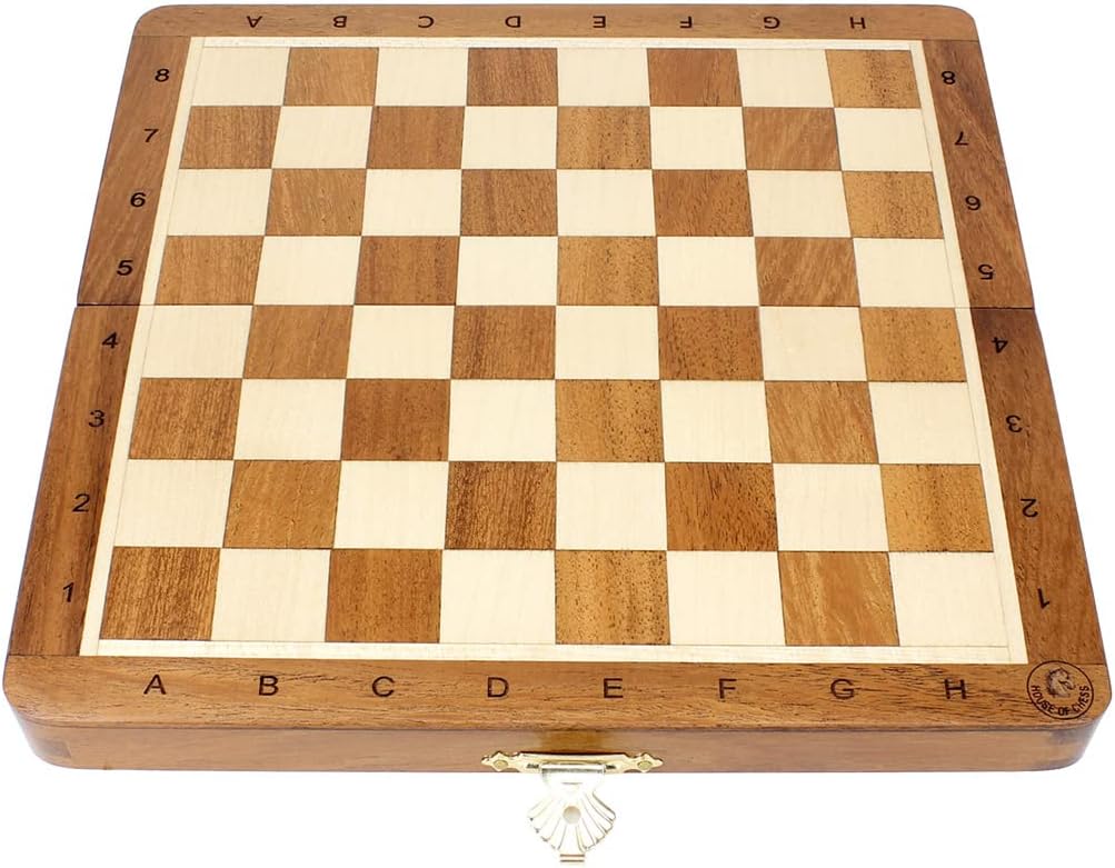 House of Chess - 8 Inch Wooden Magnetic Folding Travel Chess Set - Board with Algebraic Notation + 2 Extra Pawns & 2 Extra Queens- Handmade (Acacia Wood)