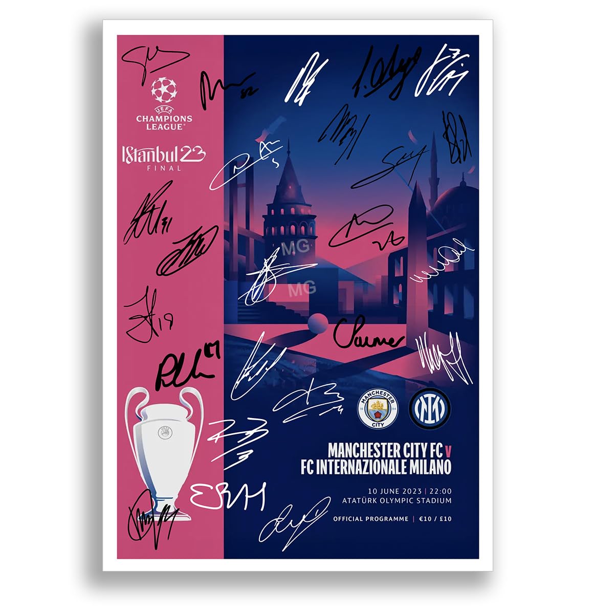 Mounted Gifts Trading A4 Framed & Mounted Manchester City Treble Winners Team Squad 2022-2023 Signed Poster Print Framed Picture Photo Autograph Gift European Cup Haaland Man City (Programme A4 Poster)