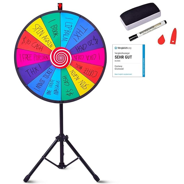 COSTWAY 24" Ruleta de La Suerte, Ruleta de Juego con Soporte Trípode Altura Ajustable con Pluma Borrador…