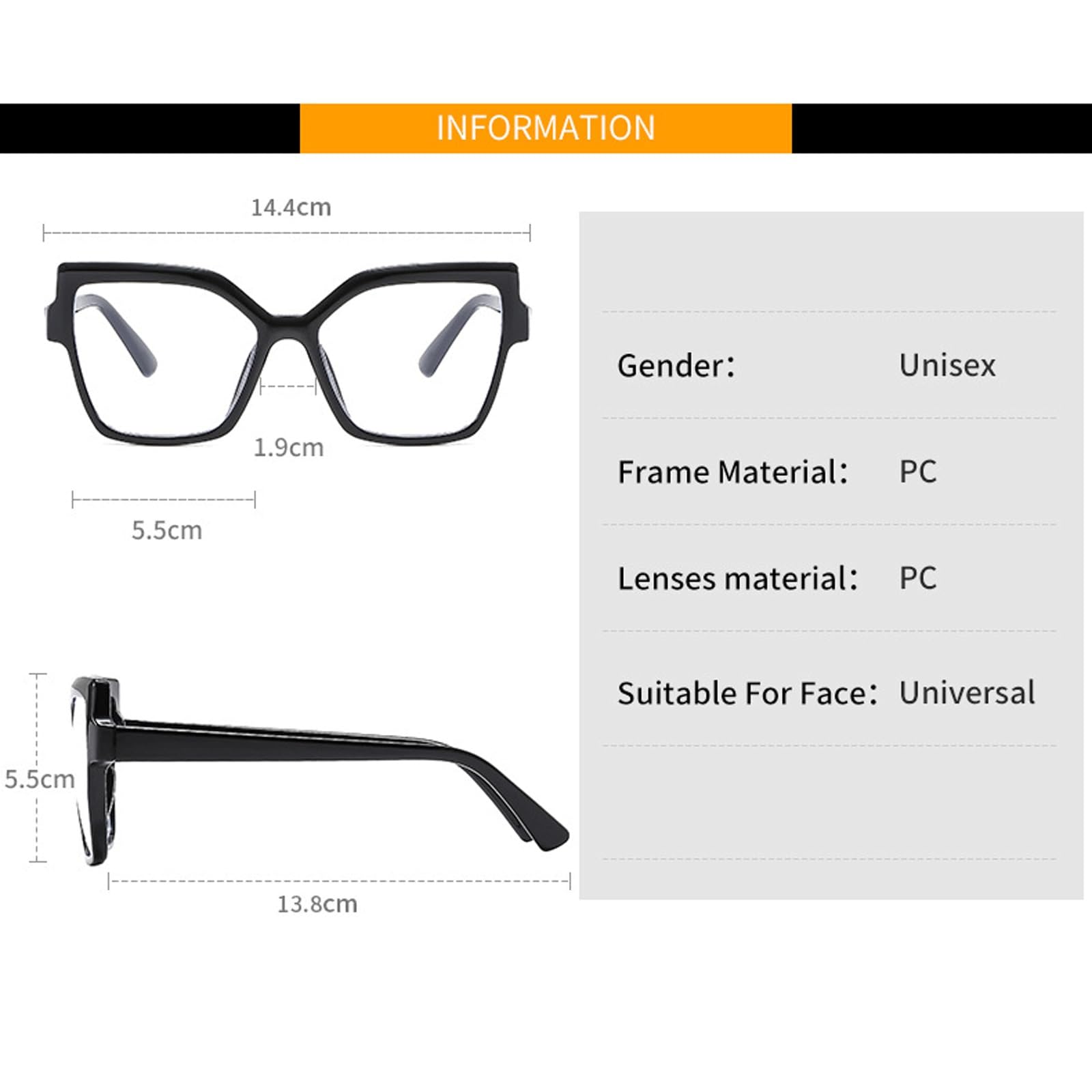 Monturas de Gafas Retro Anteojos Grandes sin Receta | Gafas con lentes de PC for computadora, gafas de lectura de borde completo, unisex(C1 Black)