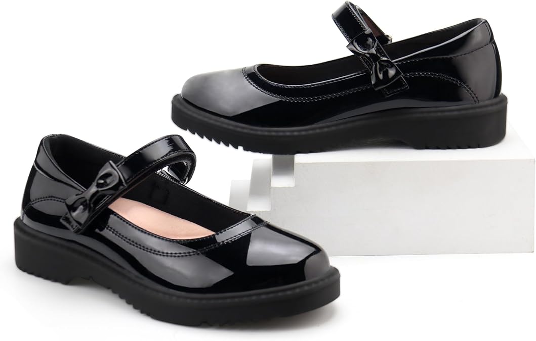 JABASIC Girls Black School Shoes Bow Oxford Mary Jane Flats