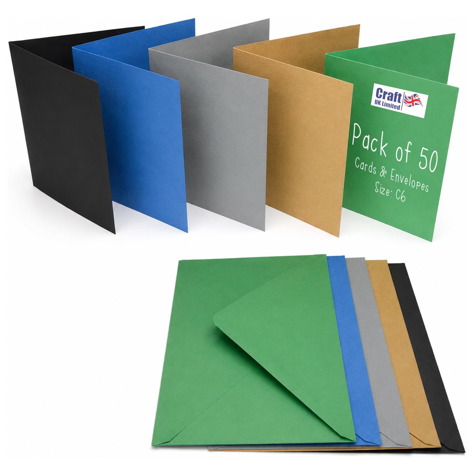 Craft UK, 50 Blank Cards and Envelopes for Card Making, 225gsm, Made in the UK, Lasting Quality, Mixed Deep Coloured, C6
