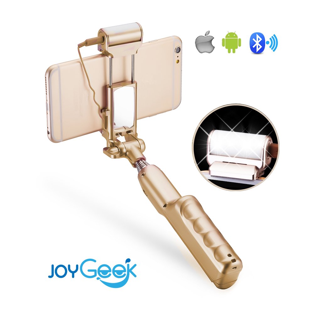 JoyGeek Selfie Stick Bluetooth Monopod with Light, Mirror and Build-in Remote Shutter for iPhone Se/6s/6/6 Plus/5, Samsung, LG, Android Phones (Gold)