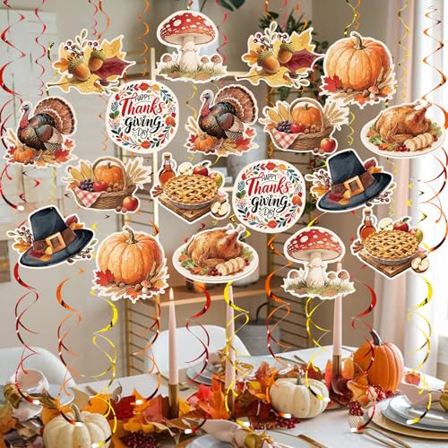 Image of Thanksgiving Hanging Swirl Set Party Decorations, 48 Pcs, Autumn Theme Pumpkin Maple Leaf Turkey Party Supplies Sign,Orange Brown Red