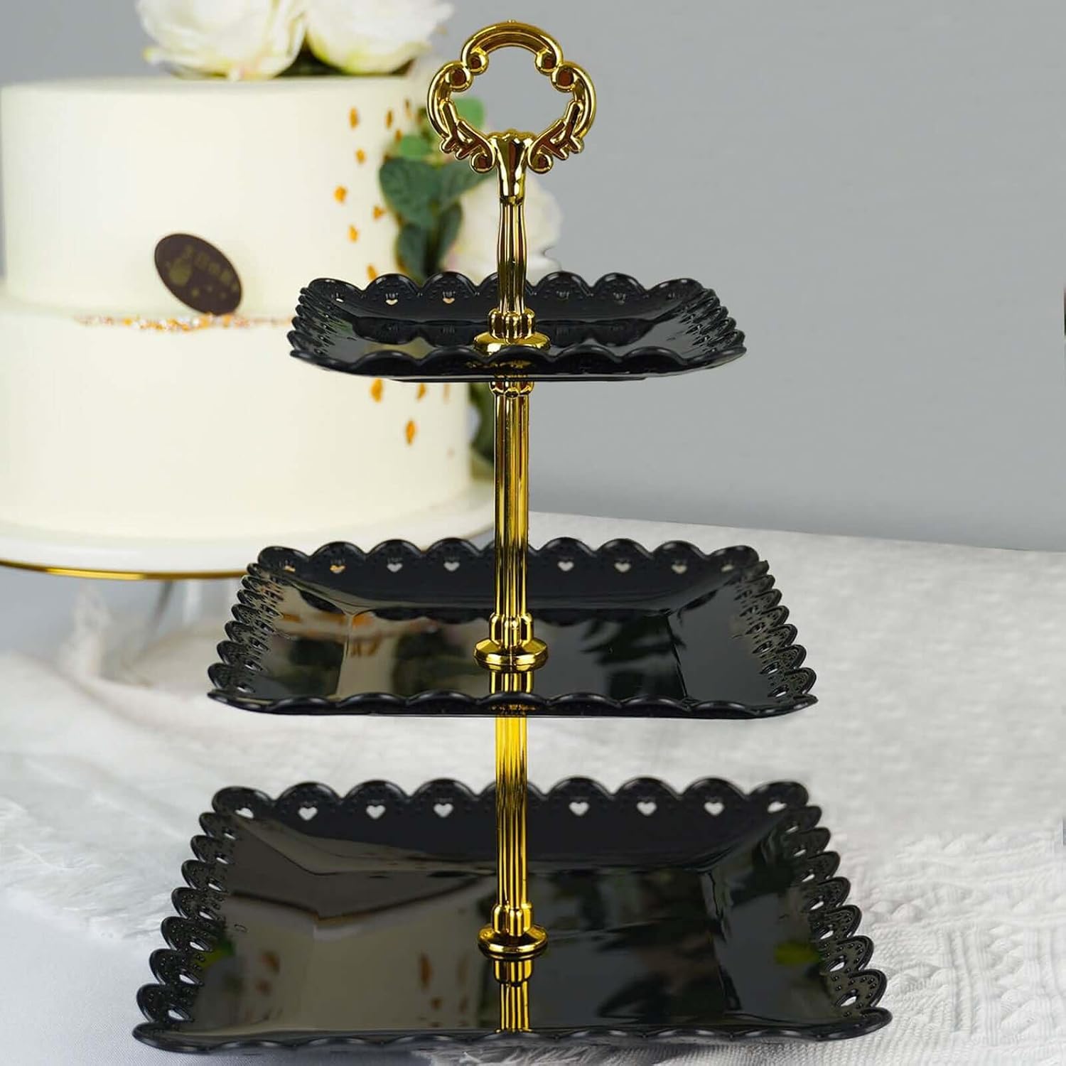 Efavormart 13" Black 3-Tier Square Cupcake Stand, Dessert Holder - Plastic with Heart Design Scalloped Edges