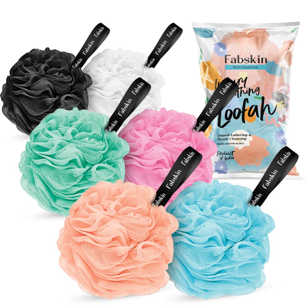 FABSKIN Round Loofah Bath Shower Sponge Scrubber Exfoliator for Women & Men | Body Wash Scrub for Bathing | Smooth Lathering & Deeply Cleansing Bath Scrubber for Body (Multicolor, Pack of 6)