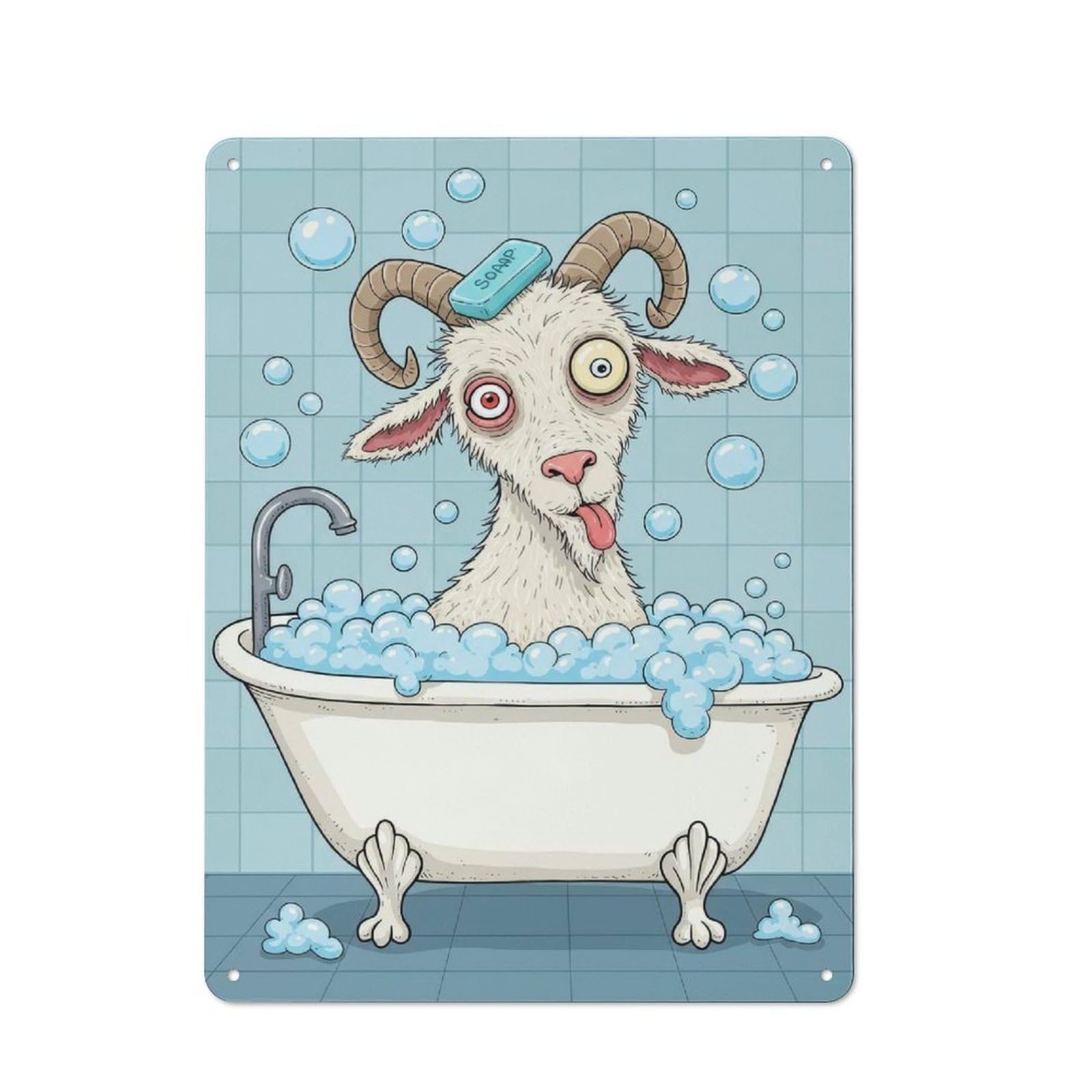 Junmoney Style-11 Loft Style Goat In Bathtub With Soap(2) Decorative Metal Plaque 40X30cm, Studio Wall Art For Workspace, Cafe, Hallway Or Garage